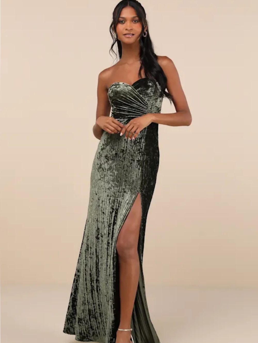 New Lulus Strapless Velvet Maxi Dress with Side Slit - Olive Green Sz Small
